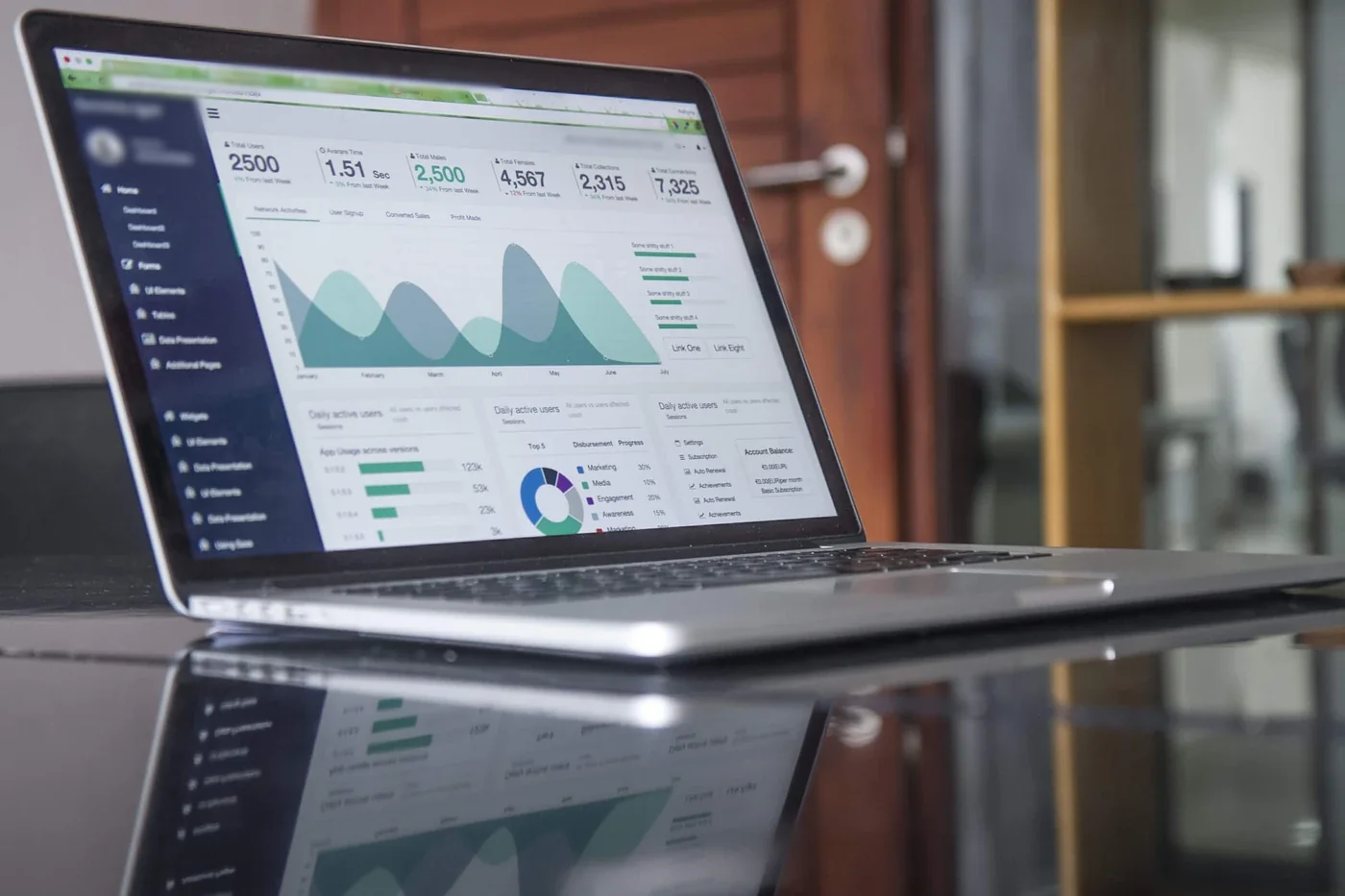 Business systems concept: a laptop showing a reporting dashboard of charts and figures on a reflective desk